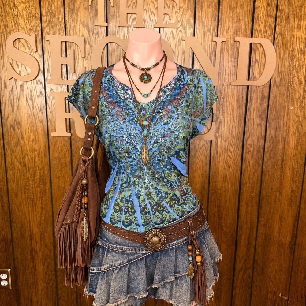 Blue Paisley Whimsigoth Top One World Womens M Boho Artsy Fairy Grunge Y2K